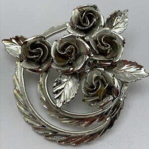 VINTAGE Coro  Mid Century Modern Brooch Rose Swirl Silver Tone 3D 2x2”